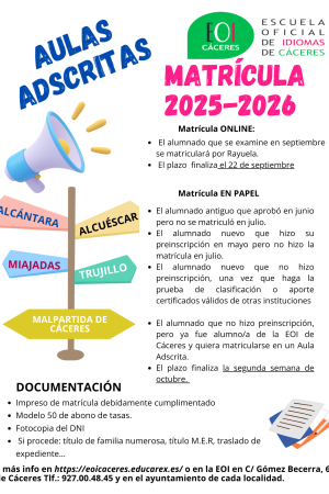 Imagen Plazo de matrícula en las Aulas Adscritas de la EOI Cáceres para el curso 2025-2026