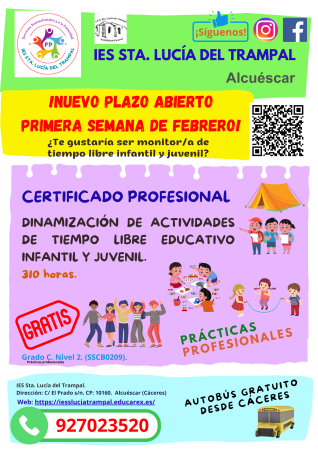 Imagen Nuevo plazo abierto – Certificado Profesional Dinamización de Actividades de Tiempo Libre Educativo Infantil y Juvenil