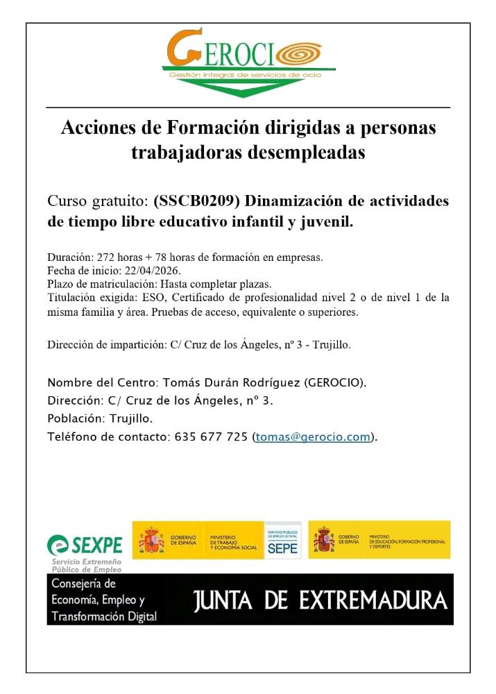 Imagen Curso gratuito: Dinamización de actividades de tiempo libre educativo infantil y juvenil en Trujillo